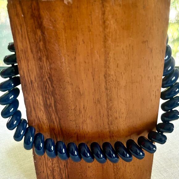 Vintage Napier Navy Blue Spiral Bead Choker Necklace, 80s Statement Jewelry - Picture 1 of 13